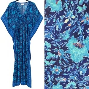 Rujuta Sheth Boho Resort Garden Marie Cinched Kaftan Maxi Dress Blue S/M